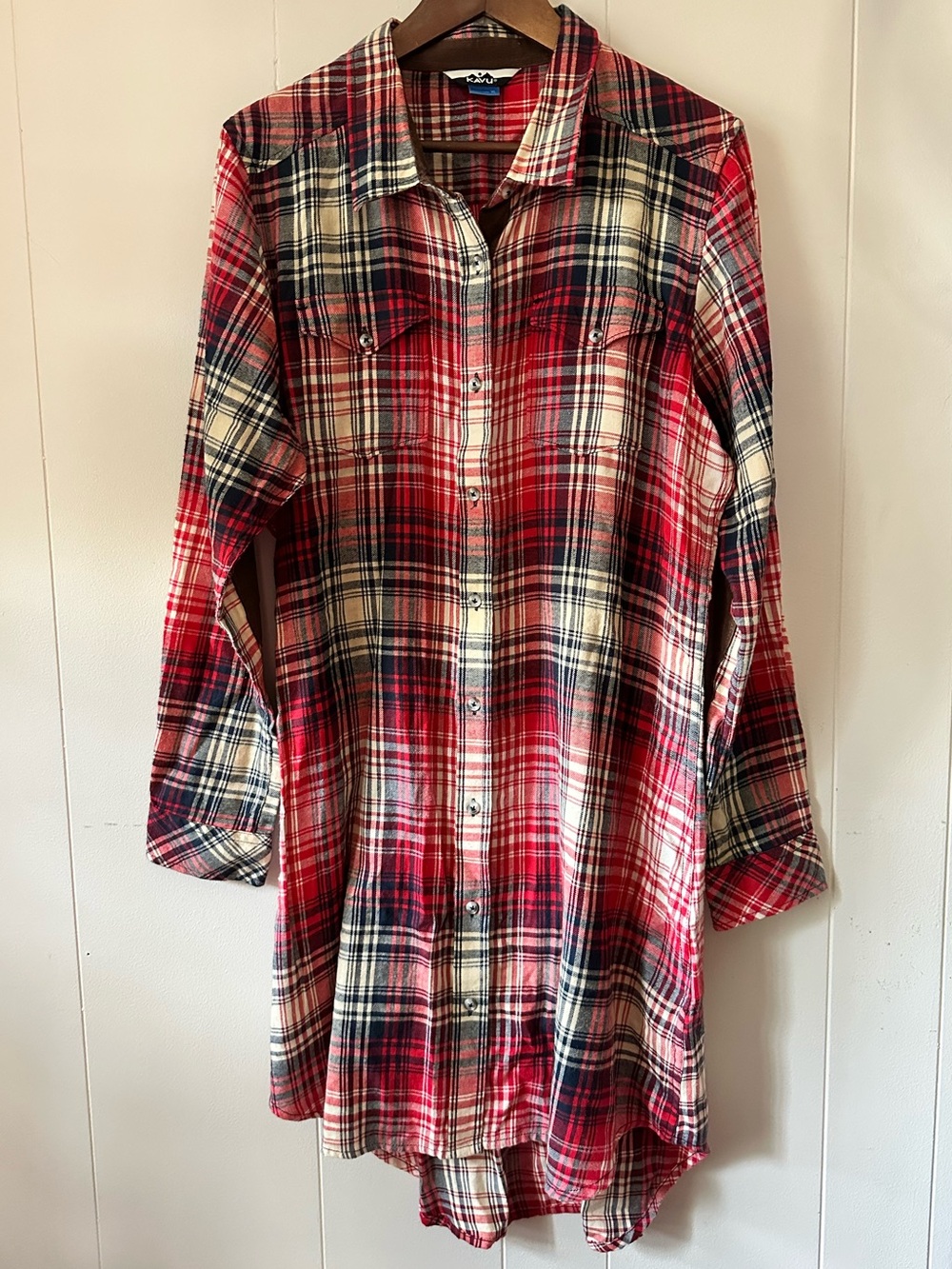 Kavu Red Navy Cream Plaid Flannel Shirt Mini Dress Size XL